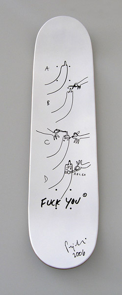 Skate board A-D, print on white wooden skate board, 80.5 x 20 cm, 2006