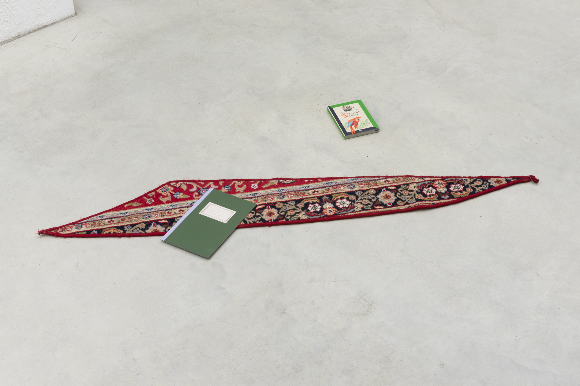 Carpet Piece with Book and Notebook, carpet, thread, acrylic on steel, variable dimensions, 2014