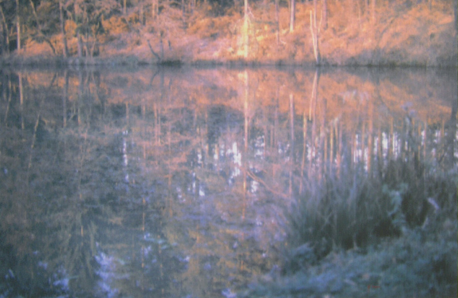 Pond by the woods, aerography on canvas, 80 x 120 cm, 2004