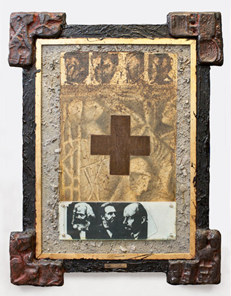 Death of Ideology, plaster, earth, paint, wood, tar, and photograph, 97 x 76 cm, 1988