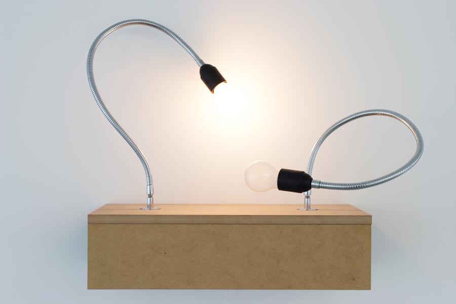 Dictionary of Imaginary Places (Two Lamps Version), wooden stand, metal cables, bulbs, timer, audio-installation, 2000 - 2005