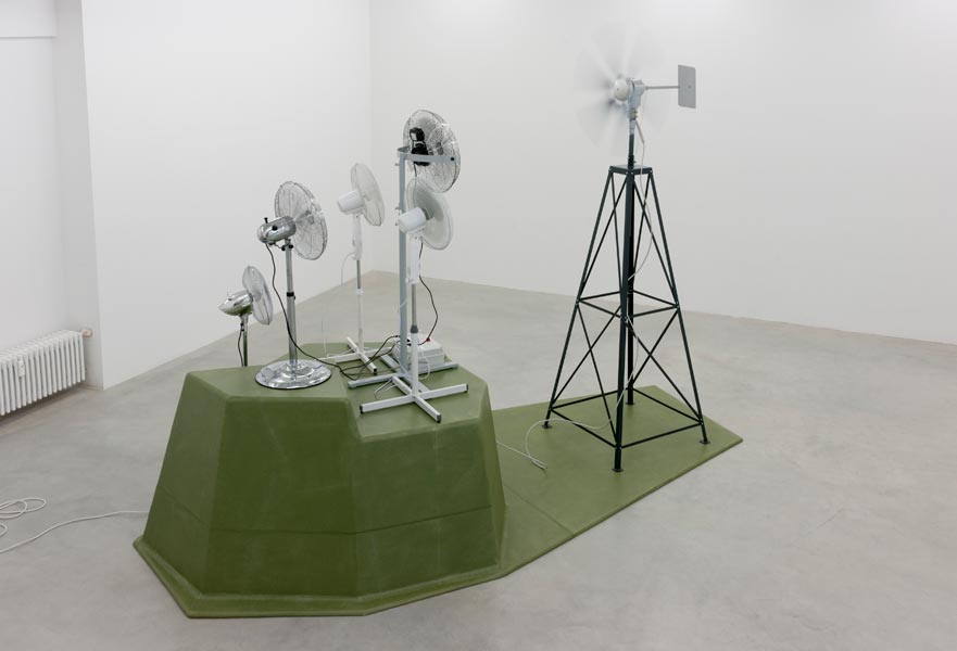 Don Quixote Pact, wind turbine generator, 5 electric fans, fiberglass construction, 215 x 400 x 310 cm, 2012