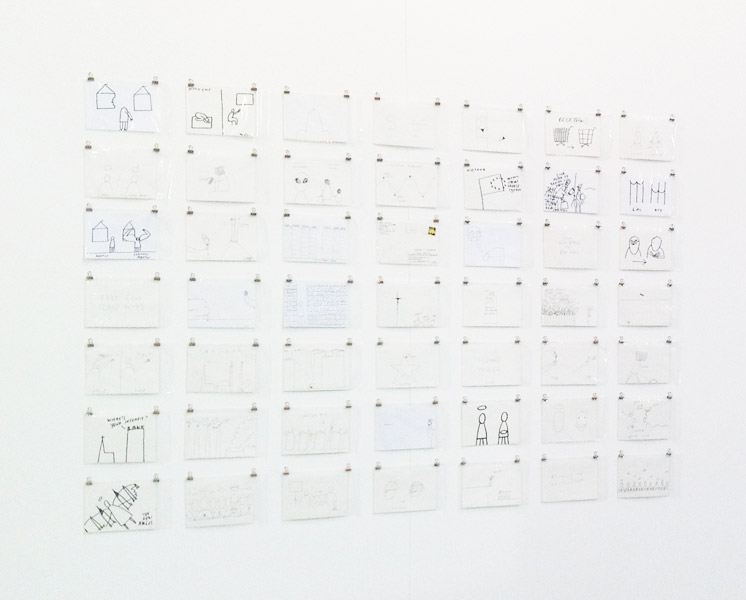 God and Goods, series of 80 postcards (variable display: 49 postcards on the installation view), ink on paper, 11 x 14.5 cm each, 2008