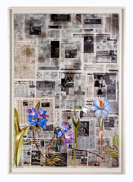 From Third Millennium (1), newspaper, soup, painting on cut paper, 200 x 140 cm (framed), 2008