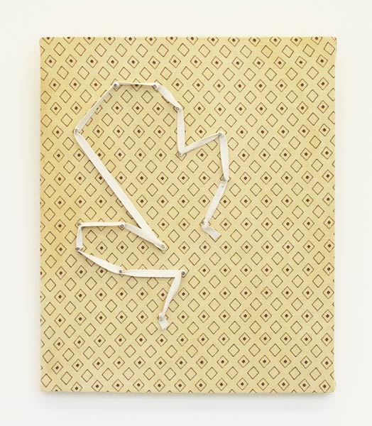 Untitled (with ribbon), tissue, gummy ribbon, nails on particleboard with veneer, 30 x 26 cm, 2012