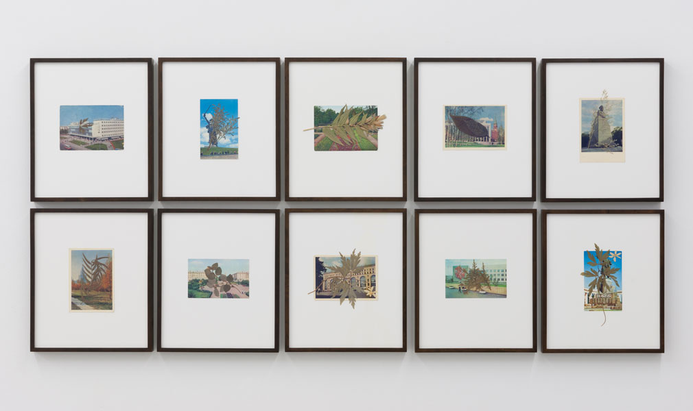 Exhibition view at Gregor Podnar, Berlin, 2012. Photo: Marcus Schneider. Set of 10 collages from the Untitled (postcards from Kazakhstan) series, 2012