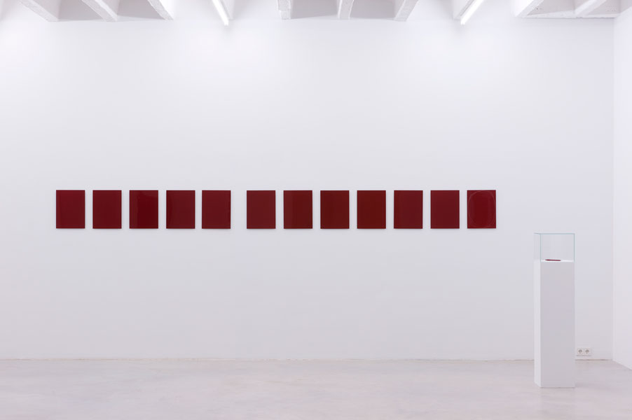 P.P. Monochrome, varnish on metal panel, series of 12, and lead holder with nail, 40 x 30 cm each, 2011