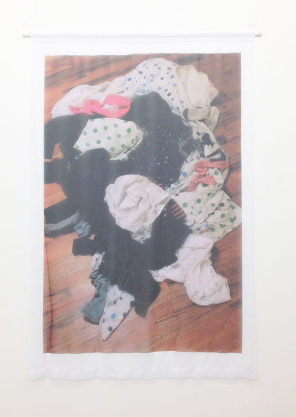 Dirty Laundry, wood, string, screw eyes, colour photograph printed on poly chiffon fabric, 198 x 137 x 1.5 cm, 2009