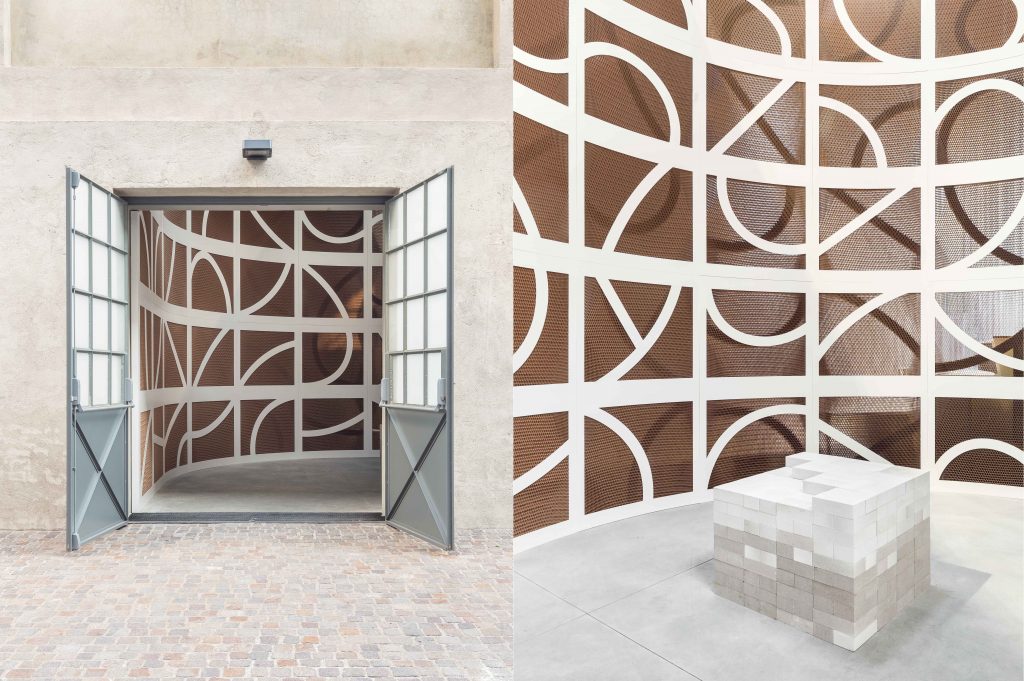 Brick Transfer Auditorium, 2017; plywood, paint, paper, metal, concrete bricks, variable dimensions. Installation view, Slight Agitation, Fondazione Prada, Milan. Photo: Delfino Sisto Legnani
