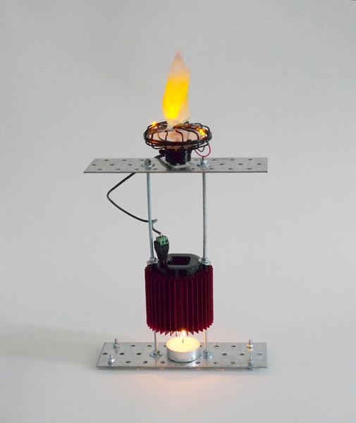 Prometheus Electronic (fan version), candle, thermoelectric generator, electric fan, cloth, 35 x 20 x 6 cm, 2013