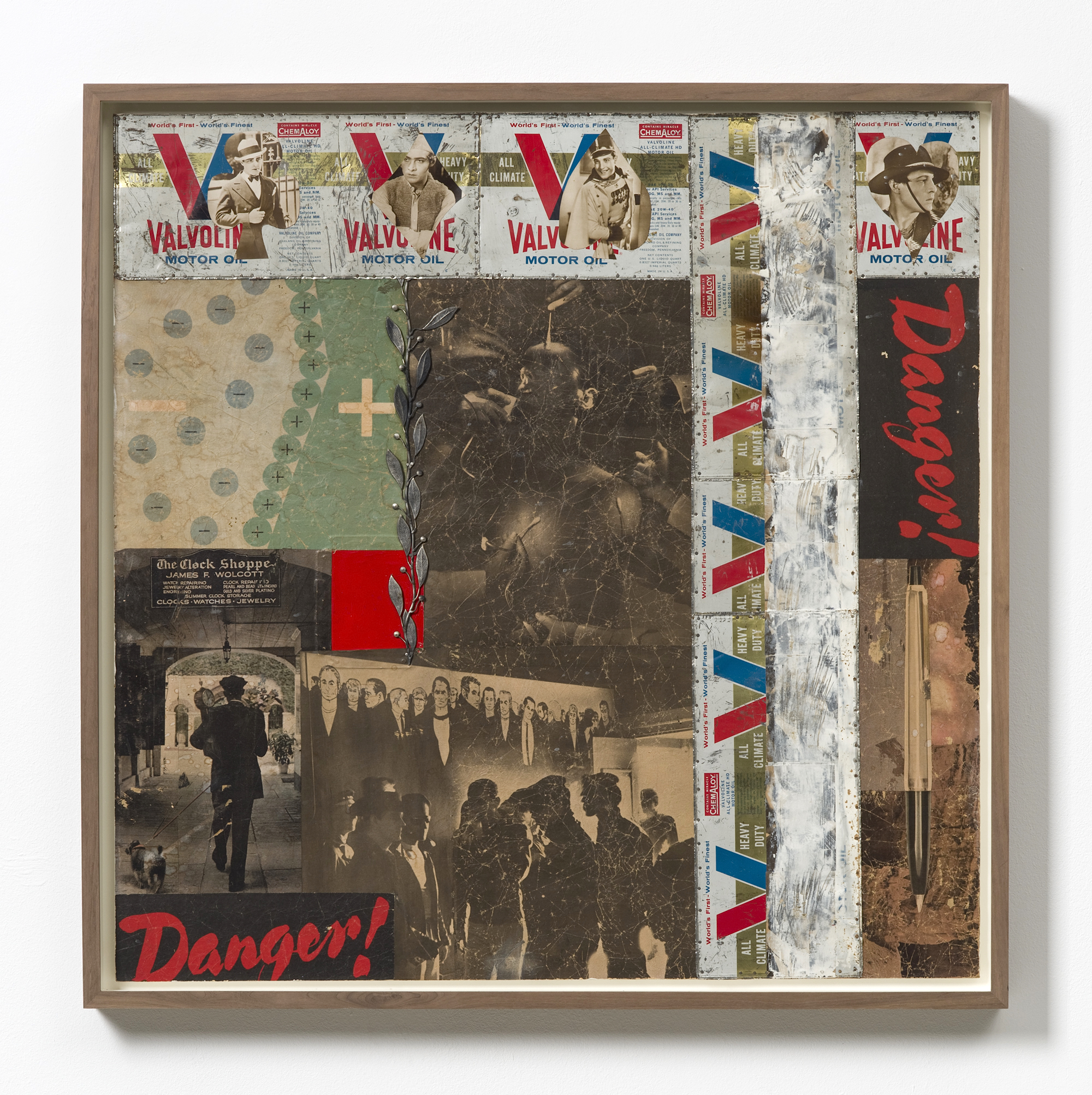 Enough, printed material, printed photographs, print on metal, metal object, paint on plywood, 75 x 75 cm, 1965