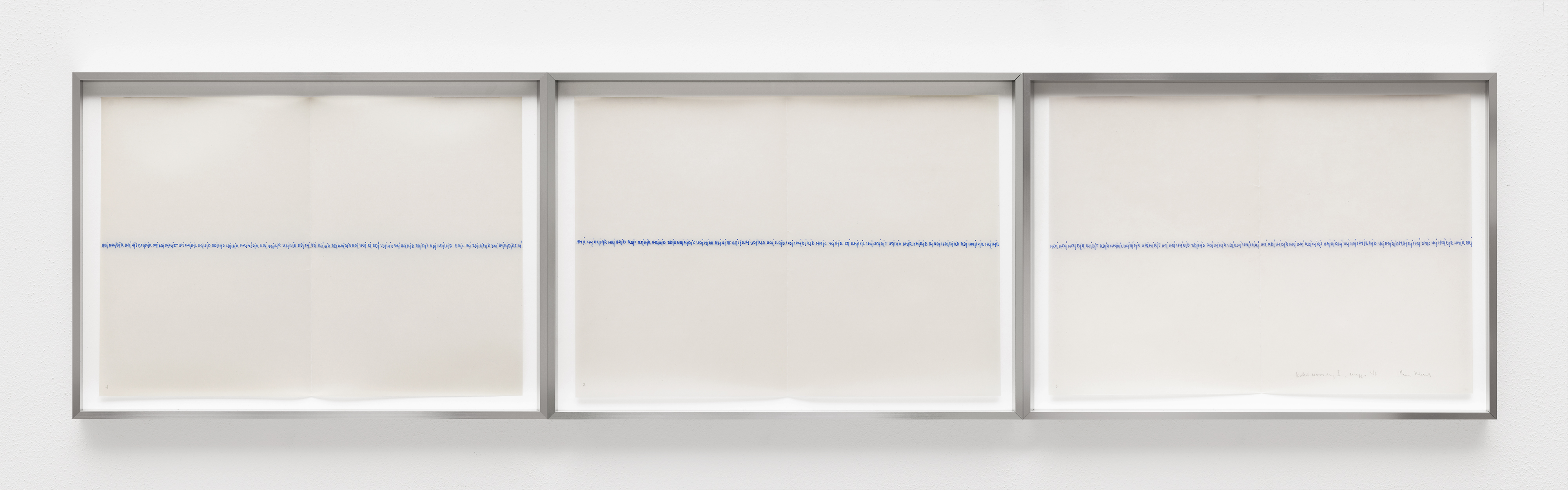 Irma Blank, Global Crossing I, marker on transparent paper, 3 pages, 29.5 x 42 cm each, 2016